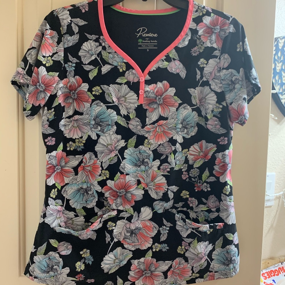Premiere Healing Hands Floral Scrub Top